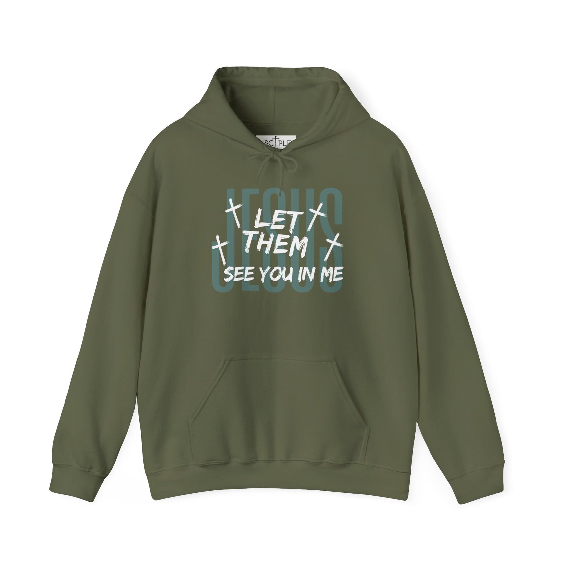 On the front of this custom Christian hoodie it says Jesus in large letters with the words Let them see you in me overlayed overtop of Jesus, there are crosses around the wording.