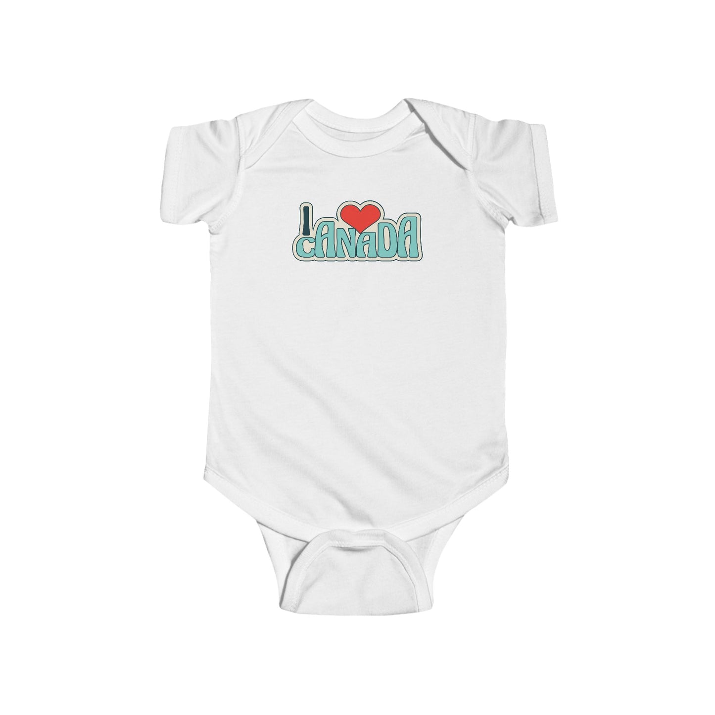 On the front of this custom baby onesie are the words I Love Canada in large bubble letters with the  word love being a heart, the image has a retro look to it.