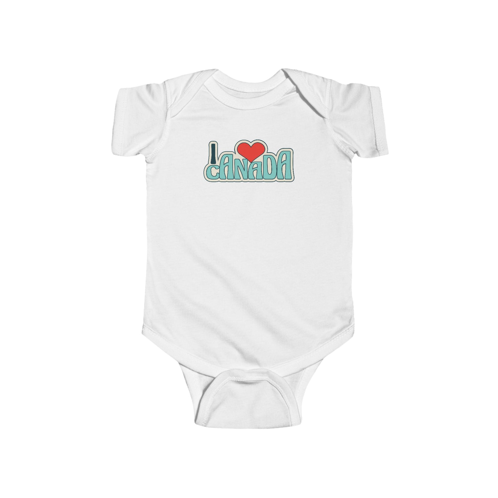On the front of this custom baby onesie are the words I Love Canada in large bubble letters with the  word love being a heart, the image has a retro look to it.