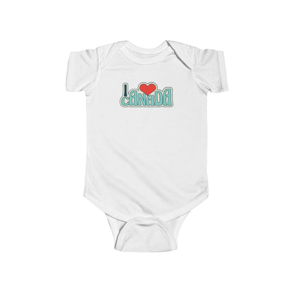 On the front of this custom baby onesie are the words I Love Canada in large bubble letters with the  word love being a heart, the image has a retro look to it.