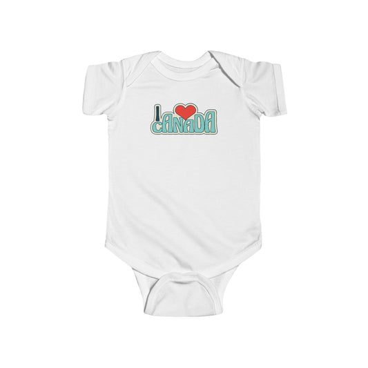 On the front of this custom baby onesie are the words I Love Canada in large bubble letters with the  word love being a heart, the image has a retro look to it.
