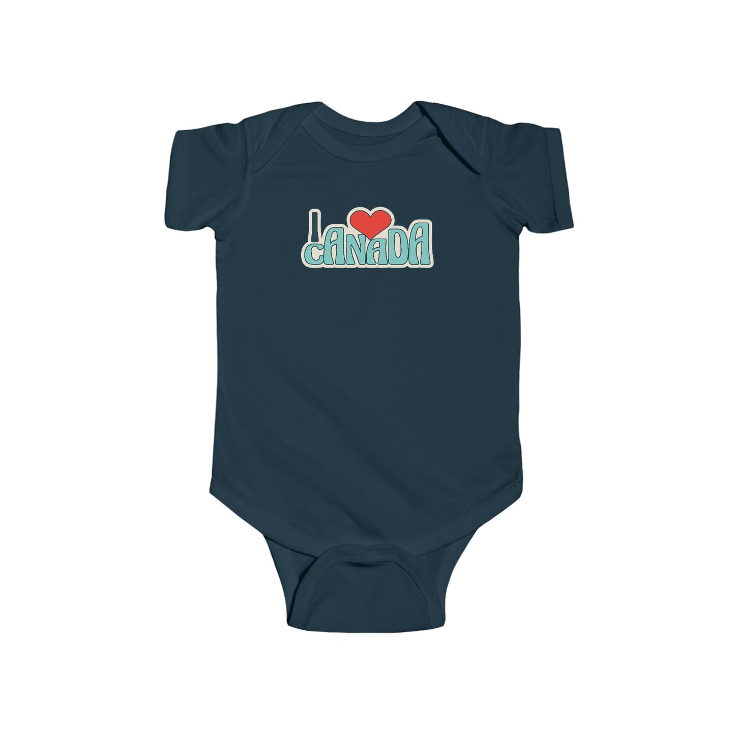 On the front of this custom baby onesie are the words I Love Canada in large bubble letters with the  word love being a heart, the image has a retro look to it.