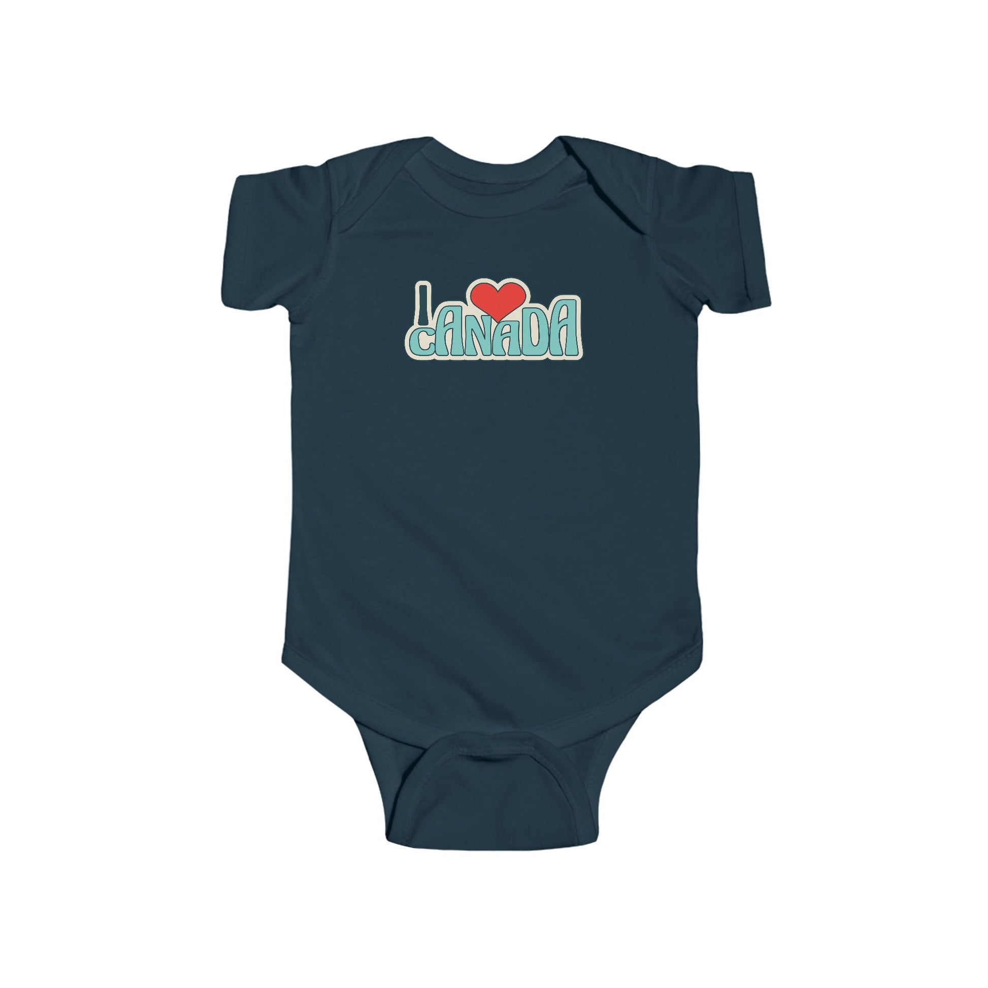On the front of this custom baby onesie are the words I Love Canada in large bubble letters with the  word love being a heart, the image has a retro look to it.