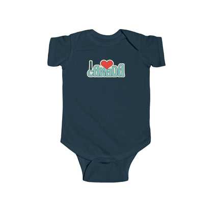 On the front of this custom baby onesie are the words I Love Canada in large bubble letters with the  word love being a heart, the image has a retro look to it.