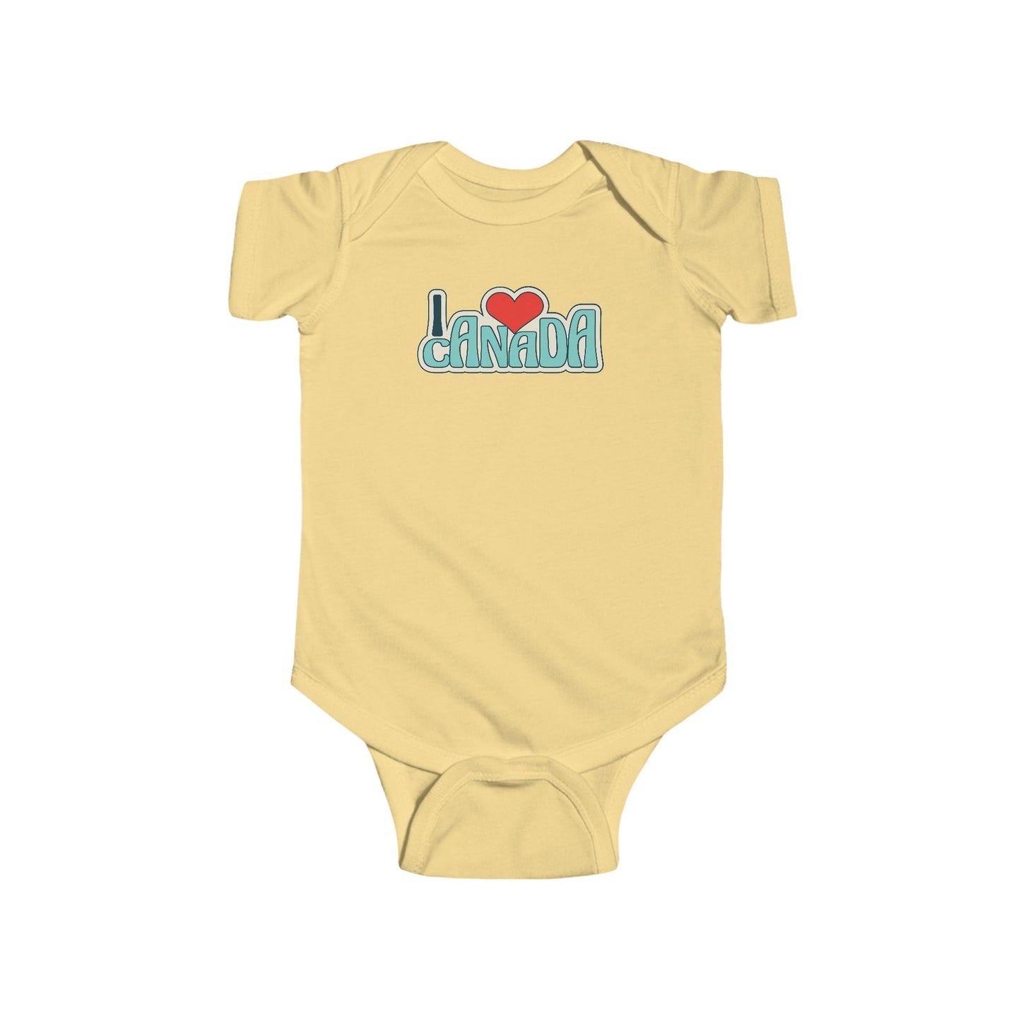 On the front of this custom baby onesie are the words I Love Canada in large bubble letters with the  word love being a heart, the image has a retro look to it.