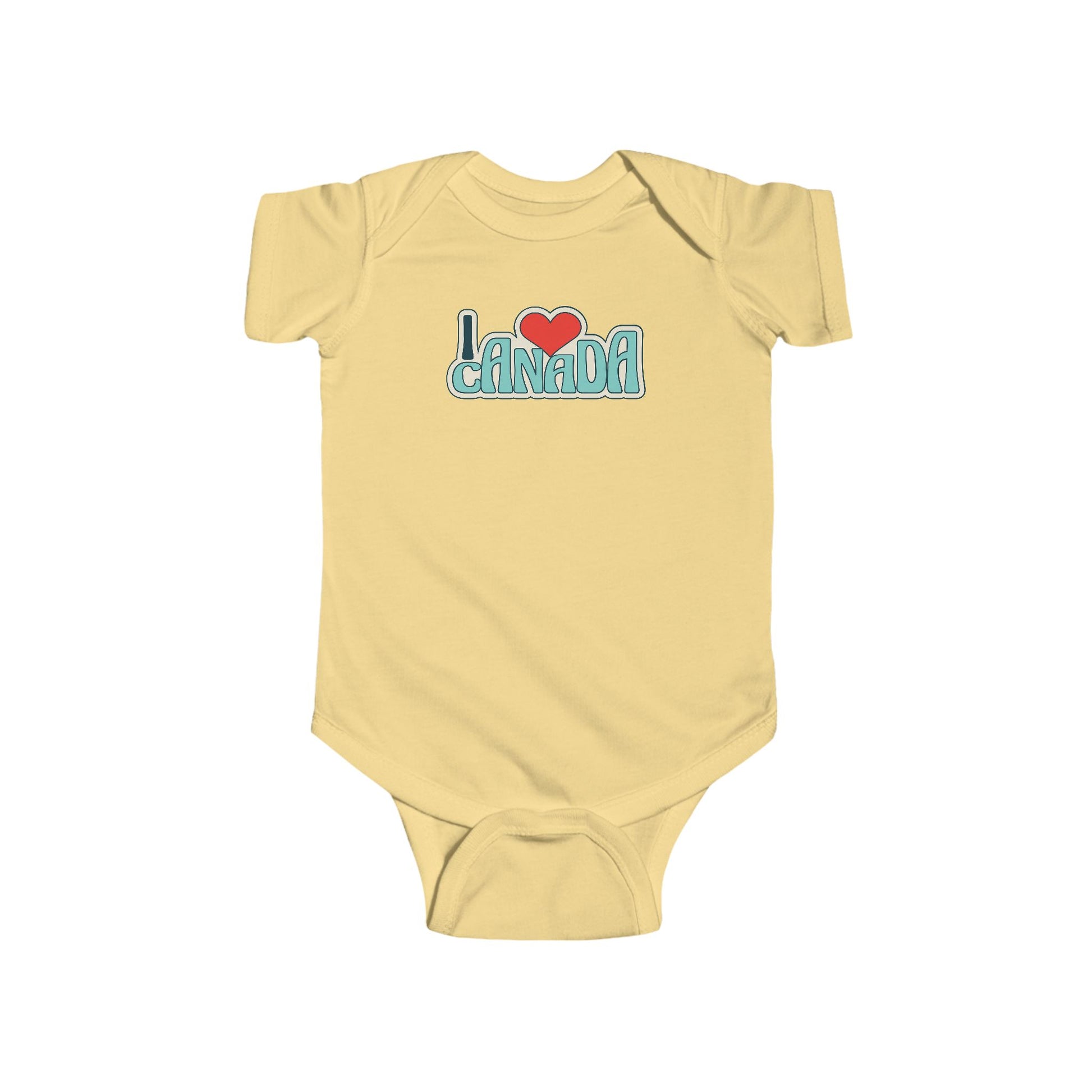On the front of this custom baby onesie are the words I Love Canada in large bubble letters with the  word love being a heart, the image has a retro look to it.