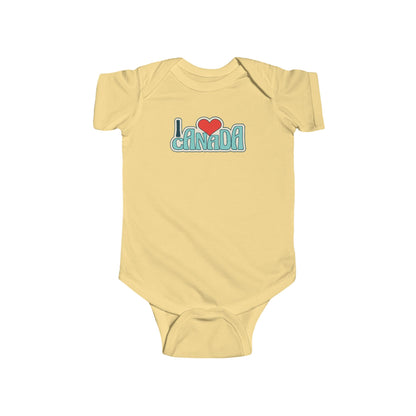 On the front of this custom baby onesie are the words I Love Canada in large bubble letters with the  word love being a heart, the image has a retro look to it.