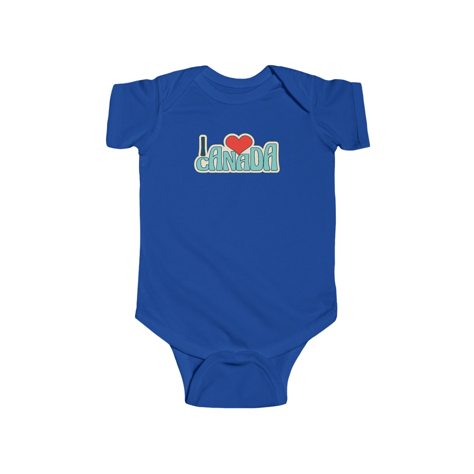 On the front of this custom baby onesie are the words I Love Canada in large bubble letters with the  word love being a heart, the image has a retro look to it.