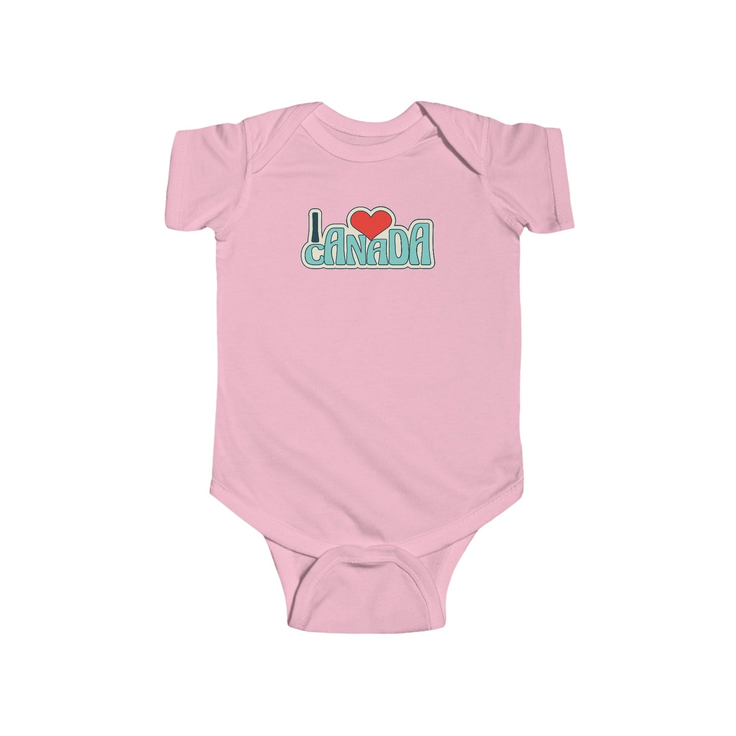 On the front of this custom baby onesie are the words I Love Canada in large bubble letters with the  word love being a heart, the image has a retro look to it.