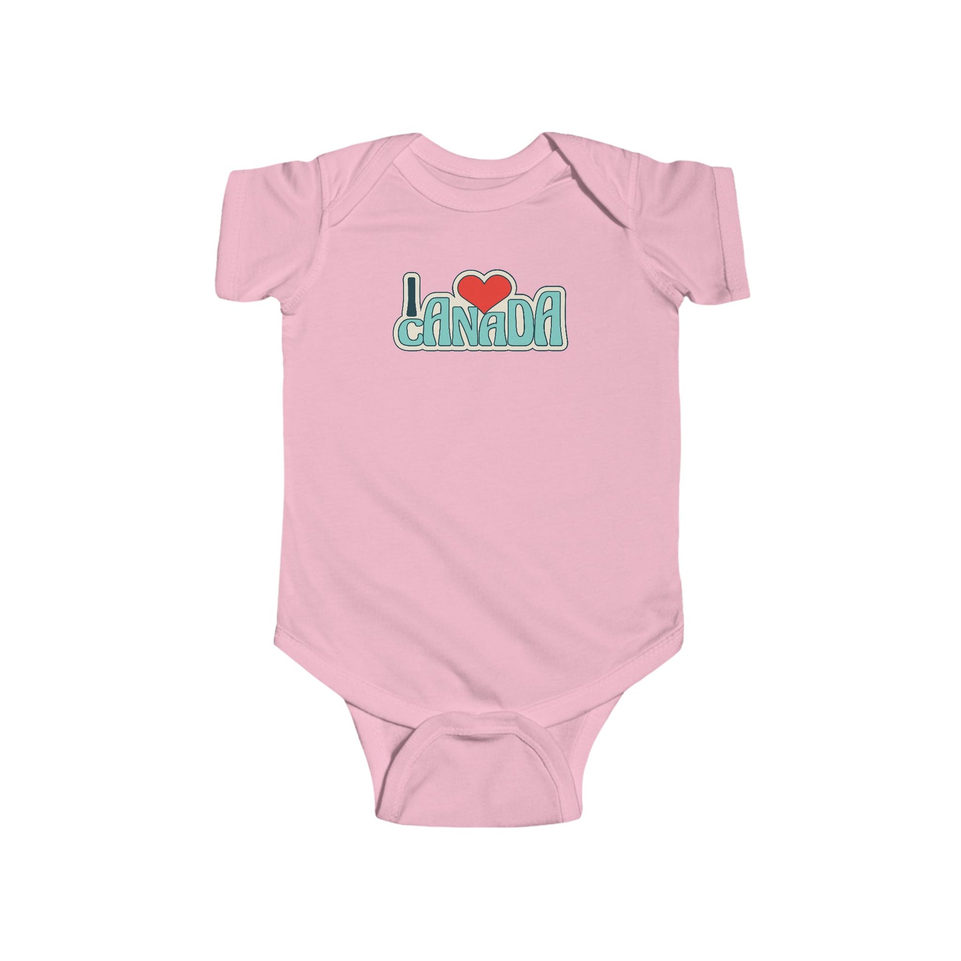 On the front of this custom baby onesie are the words I Love Canada in large bubble letters with the  word love being a heart, the image has a retro look to it.