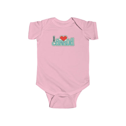 On the front of this custom baby onesie are the words I Love Canada in large bubble letters with the  word love being a heart, the image has a retro look to it.
