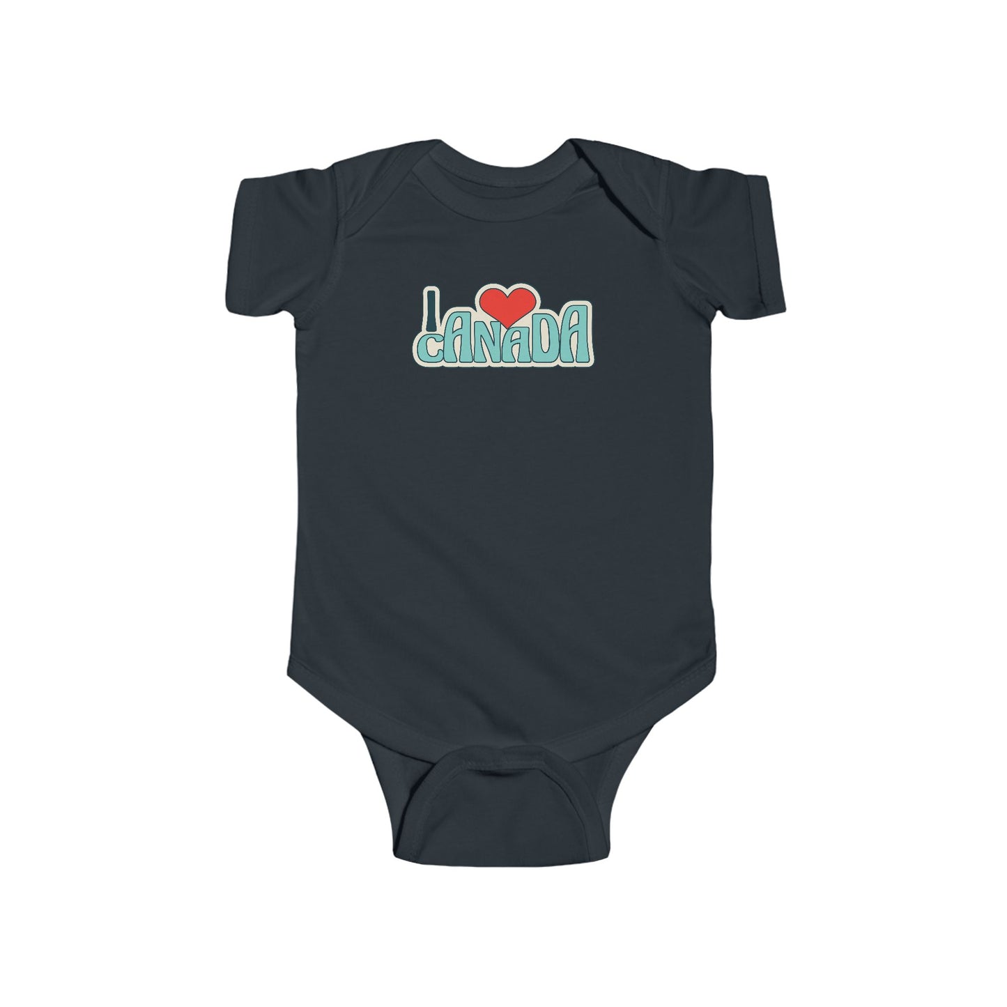On the front of this custom baby onesie are the words I Love Canada in large bubble letters with the  word love being a heart, the image has a retro look to it.