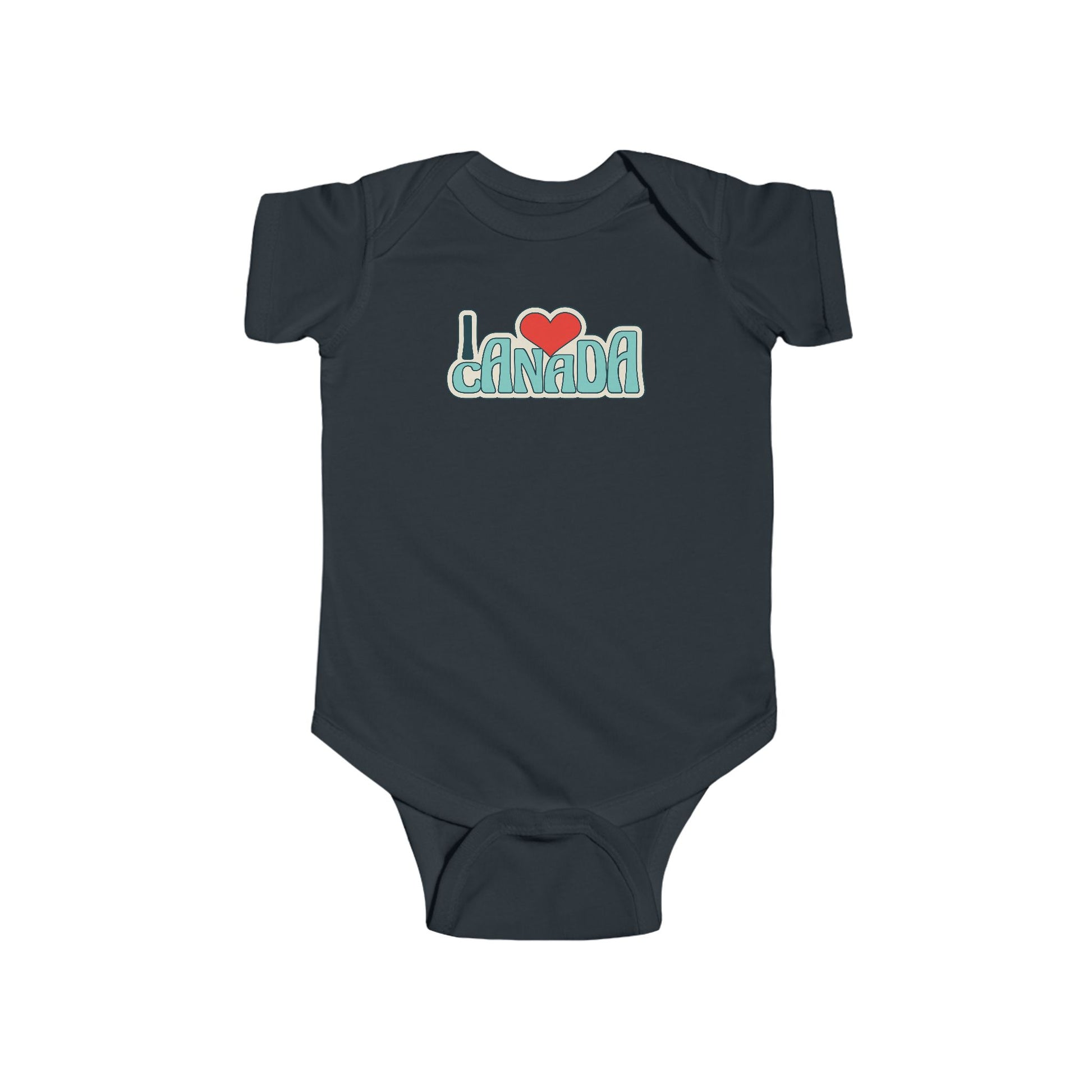 On the front of this custom baby onesie are the words I Love Canada in large bubble letters with the  word love being a heart, the image has a retro look to it.