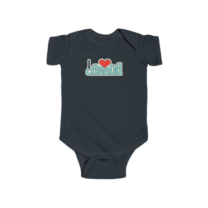 On the front of this custom baby onesie are the words I Love Canada in large bubble letters with the  word love being a heart, the image has a retro look to it.