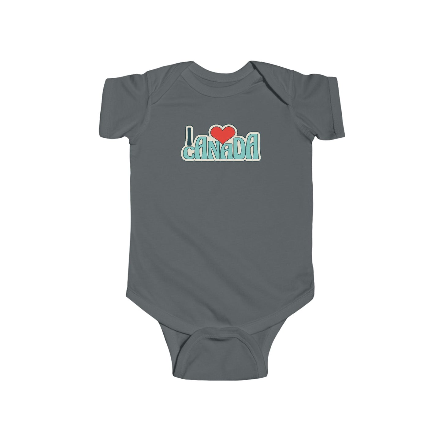 On the front of this custom baby onesie are the words I Love Canada in large bubble letters with the  word love being a heart, the image has a retro look to it.