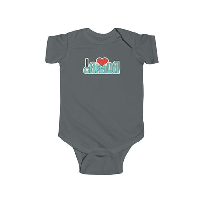On the front of this custom baby onesie are the words I Love Canada in large bubble letters with the  word love being a heart, the image has a retro look to it.