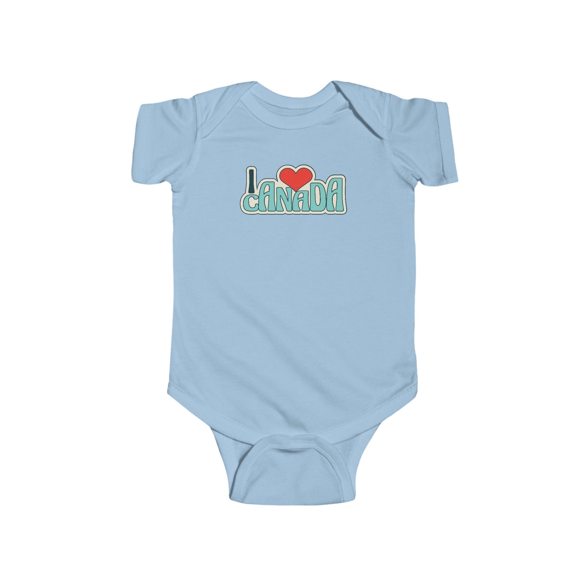 On the front of this custom baby onesie are the words I Love Canada in large bubble letters with the  word love being a heart, the image has a retro look to it.