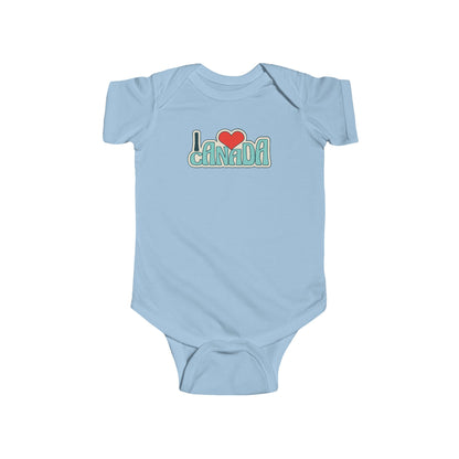 On the front of this custom baby onesie are the words I Love Canada in large bubble letters with the  word love being a heart, the image has a retro look to it.