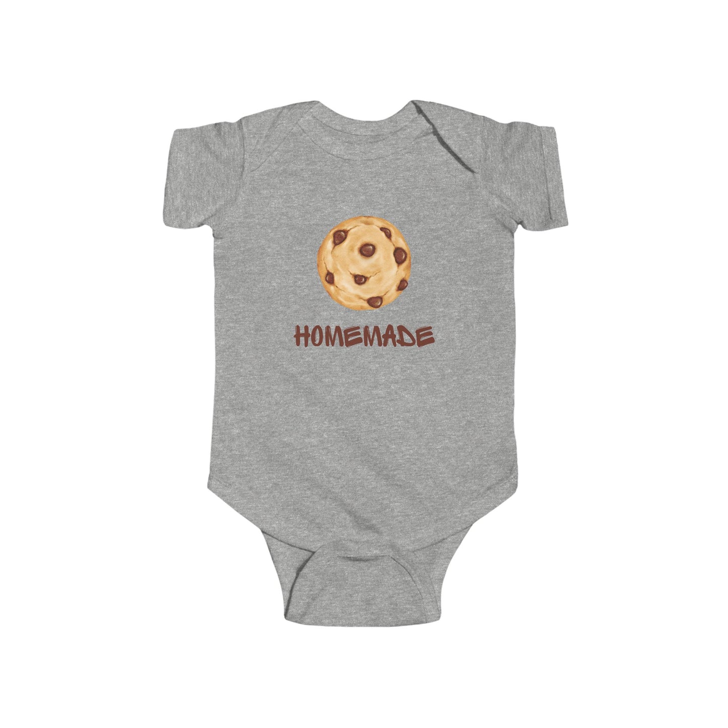 This adorable custom super soft baby onesie that features an image of a chocolate chip cookie in the middle with the word 'homemade' in brown writing underneath the image.