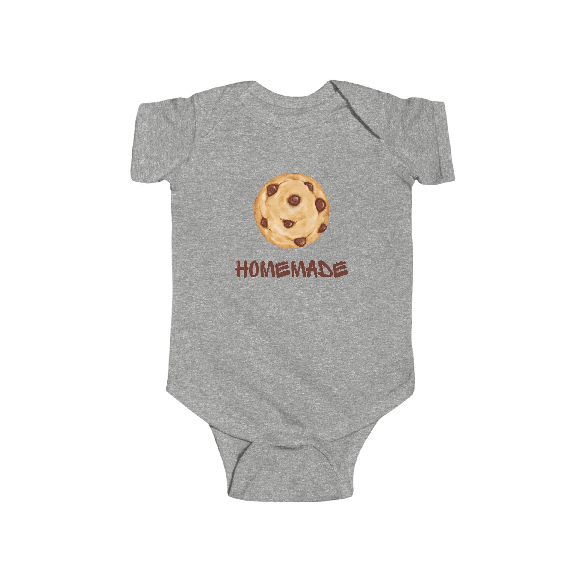 This adorable custom super soft baby onesie that features an image of a chocolate chip cookie in the middle with the word 'homemade' in brown writing underneath the image.