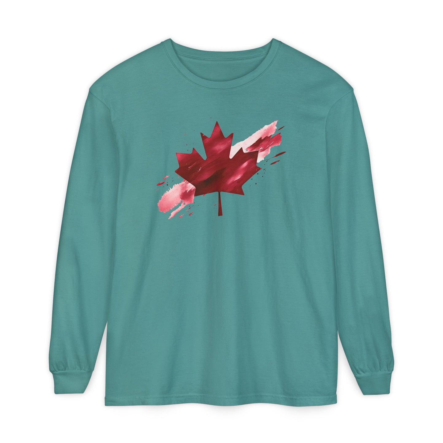 On the front of this unisex long sleeve shirt is an image of a Canadian maple leaf that is bright red, it looks like it has been spray painted onto the front of the shirt.