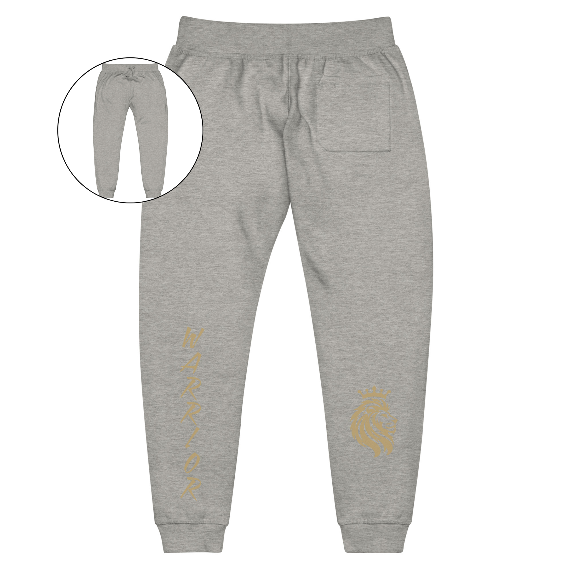 A pair of super soft ankle length unisex sweatpants, there are two pockets on the front and one pocket on the back right, the word warrior is in gold on the back left leg from the knee down and a male lion with a crown on the other