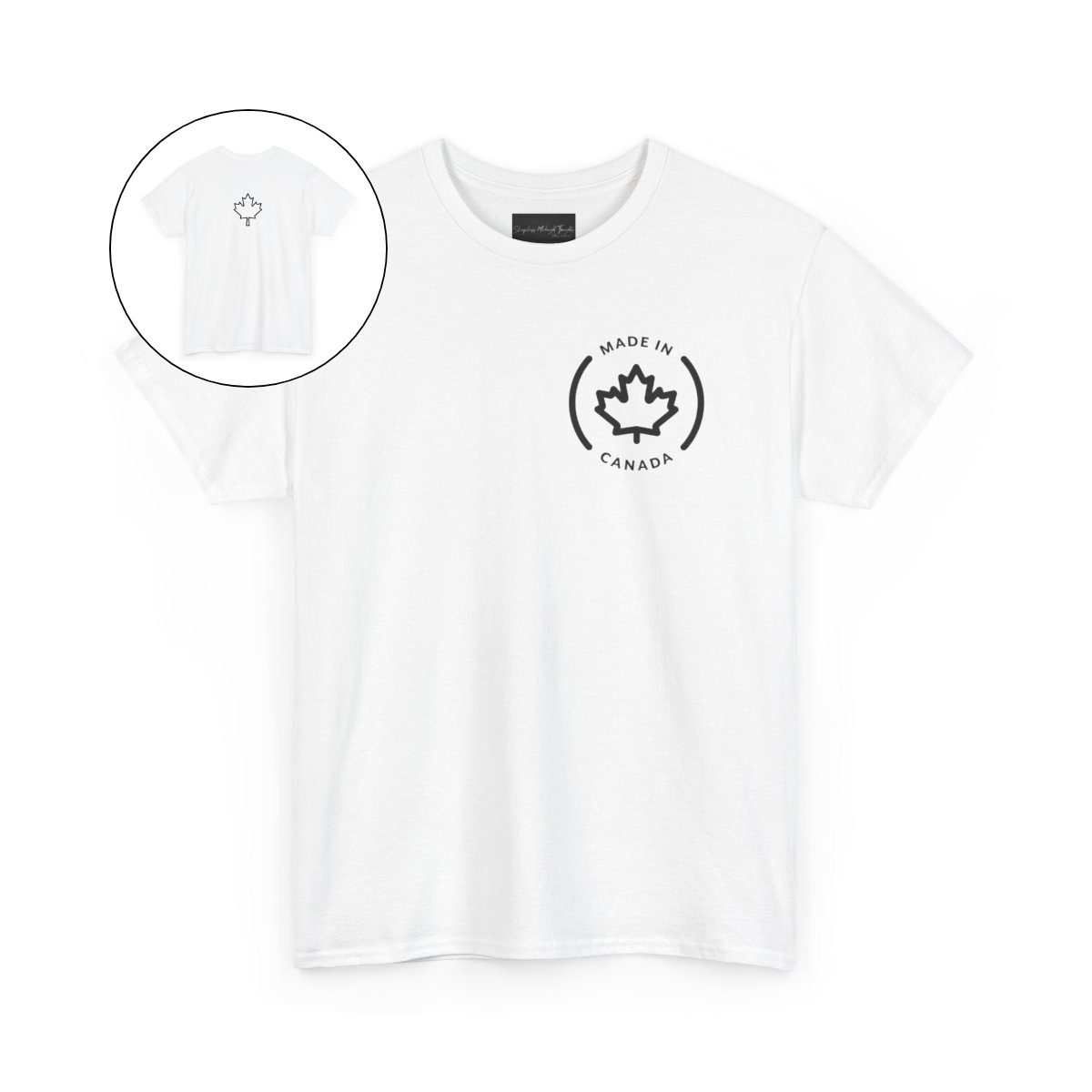 On the front of this custom short sleeve shirt is a circle on the upper left chest of the shirt with the words Made In Canada with a maple leaf in the middle, on the back of the shirt is a maple leaf right in between the shoulder blades.