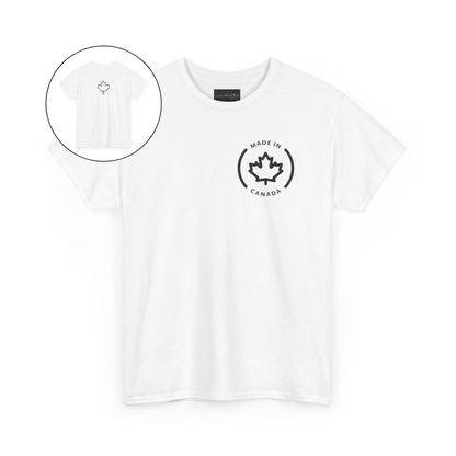 On the front of this custom short sleeve shirt is a circle on the upper left chest of the shirt with the words Made In Canada with a maple leaf in the middle, on the back of the shirt is a maple leaf right in between the shoulder blades.