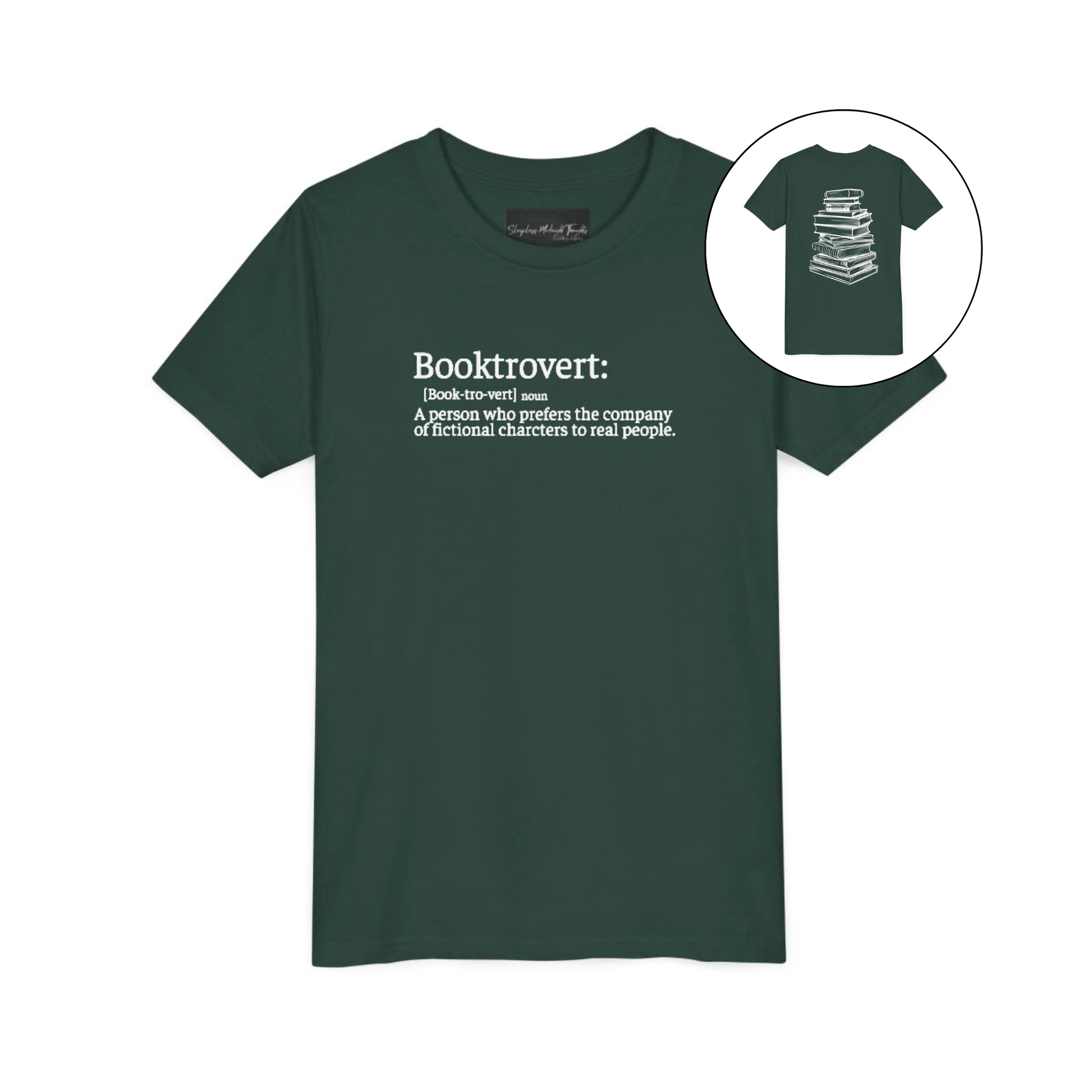 On the front of this custom youth t-shirt it says the word Booktrovert in large letter with the meaning of the words underneath it, on the back of the shirt is an image of a large stack of books.