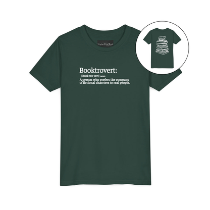 On the front of this custom youth t-shirt it says the word Booktrovert in large letter with the meaning of the words underneath it, on the back of the shirt is an image of a large stack of books.