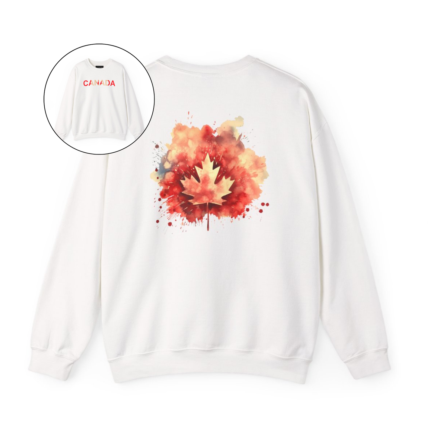 On the front of this Canadian pride pullover sweater is Canada in red and beige letters with a maple leaf in the middle, on the back of the sweater is a large maple leaf that looks like it has been spray painted onto the sweater in red and beige.