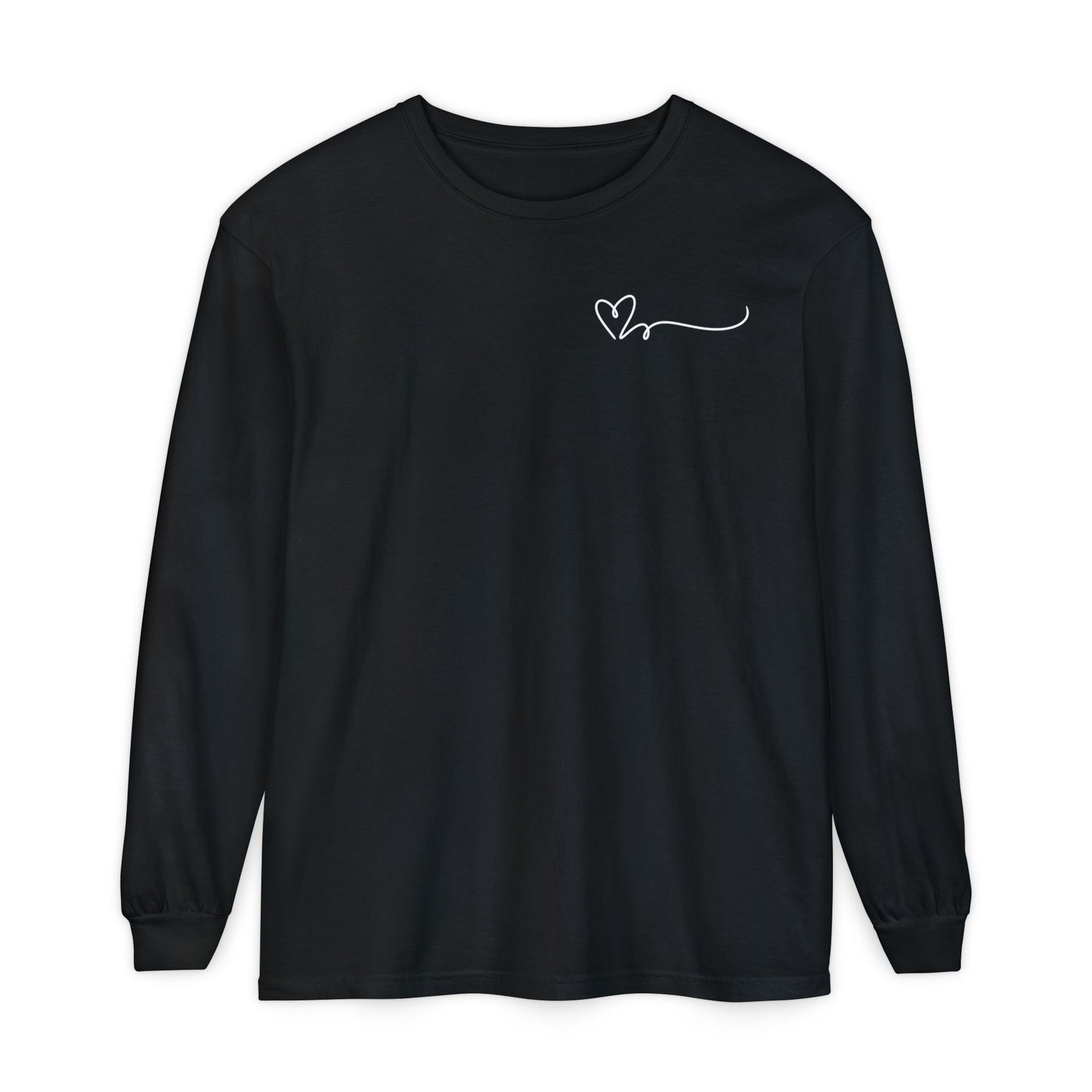 On the top right chest of this custom long sleeve t-shirt is a heart with a trail behind it signifying a heartbeat that you would see on a heart monitor. Perfect for health care workers and teachers.