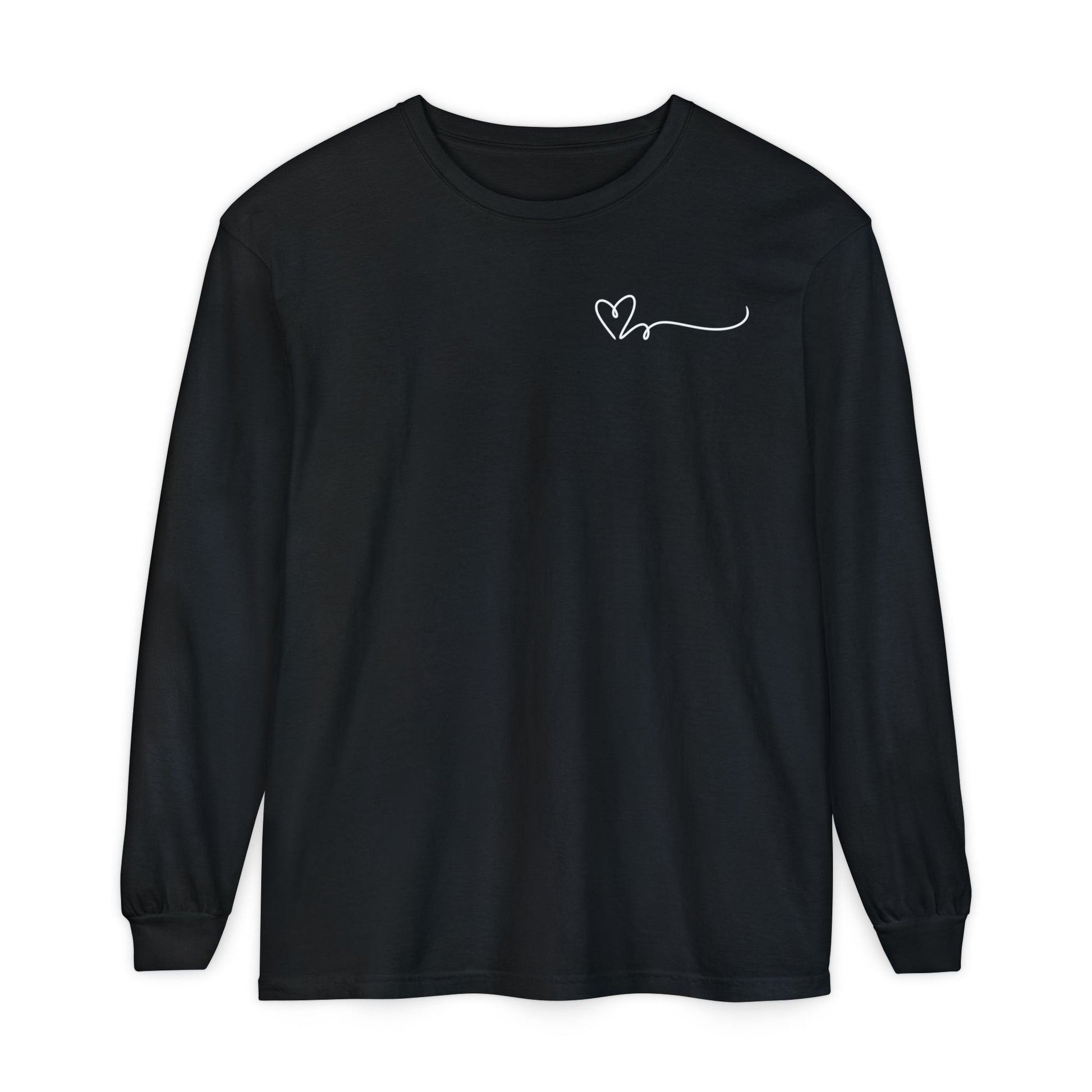 On the top right chest of this custom long sleeve t-shirt is a heart with a trail behind it signifying a heartbeat that you would see on a heart monitor. Perfect for health care workers and teachers.