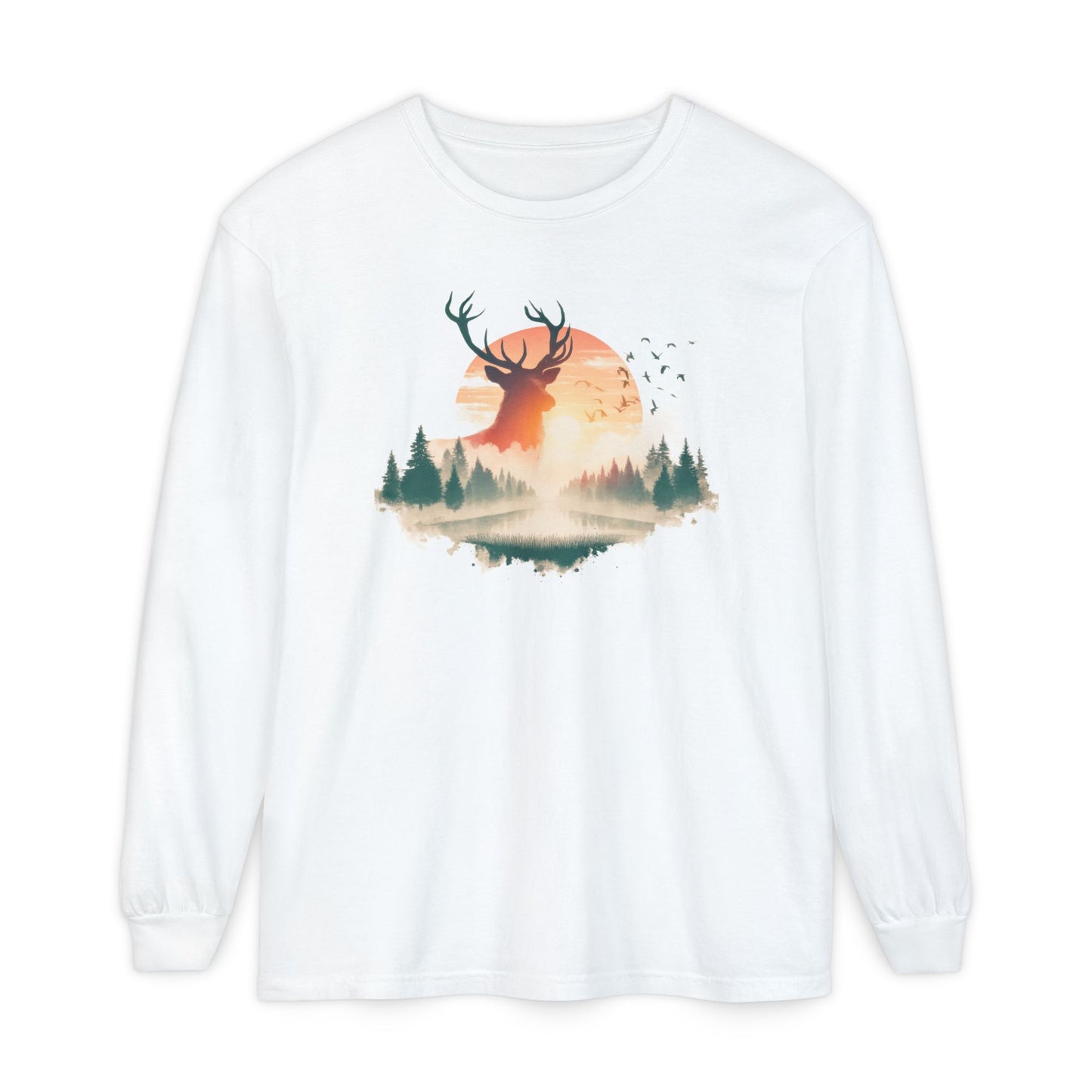 On the front of this custom unisex long sleeve shirt is beautiful landscape at dawn, there is a river in the middle with pine trees on either side, the sun is setting in the background with a large elk in the distance standing in front of the sun.