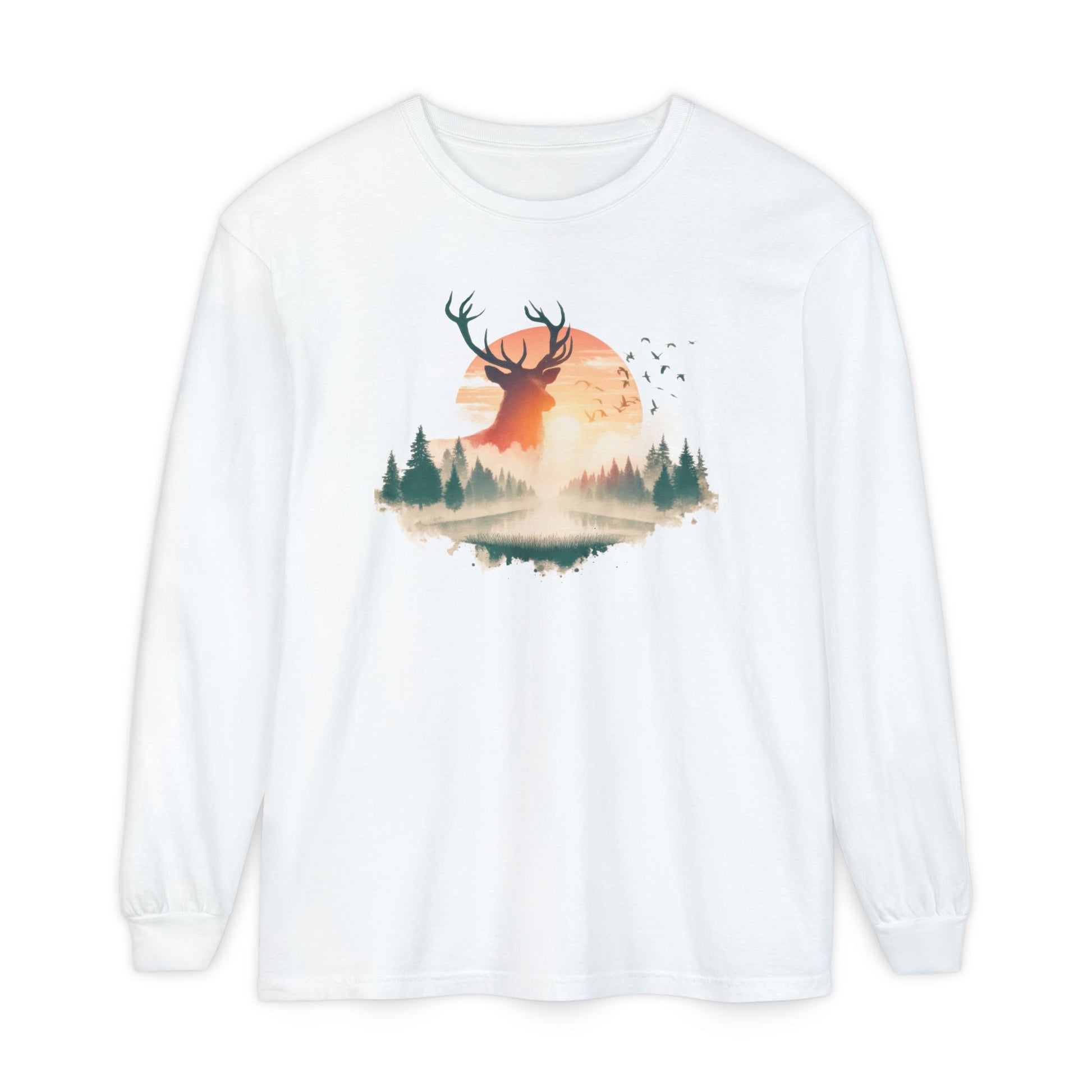 On the front of this custom unisex long sleeve shirt is beautiful landscape at dawn, there is a river in the middle with pine trees on either side, the sun is setting in the background with a large elk in the distance standing in front of the sun.