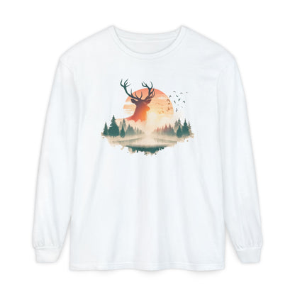 On the front of this custom unisex long sleeve shirt is beautiful landscape at dawn, there is a river in the middle with pine trees on either side, the sun is setting in the background with a large elk in the distance standing in front of the sun.