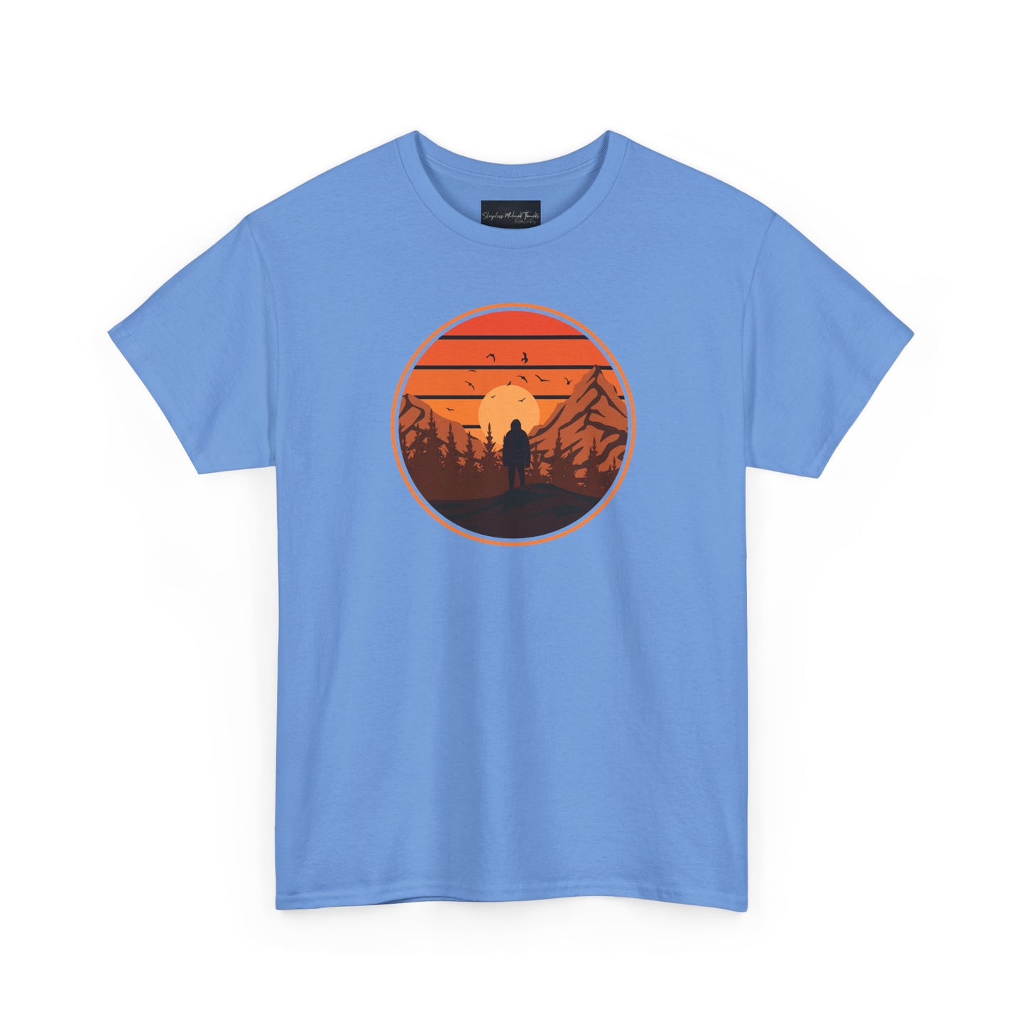 On the front of this custom tee is a large circle on the center of the chest that has an image of bigfoot right in the middle, there is a sun setting with mountain ranges and pine trees in the background.