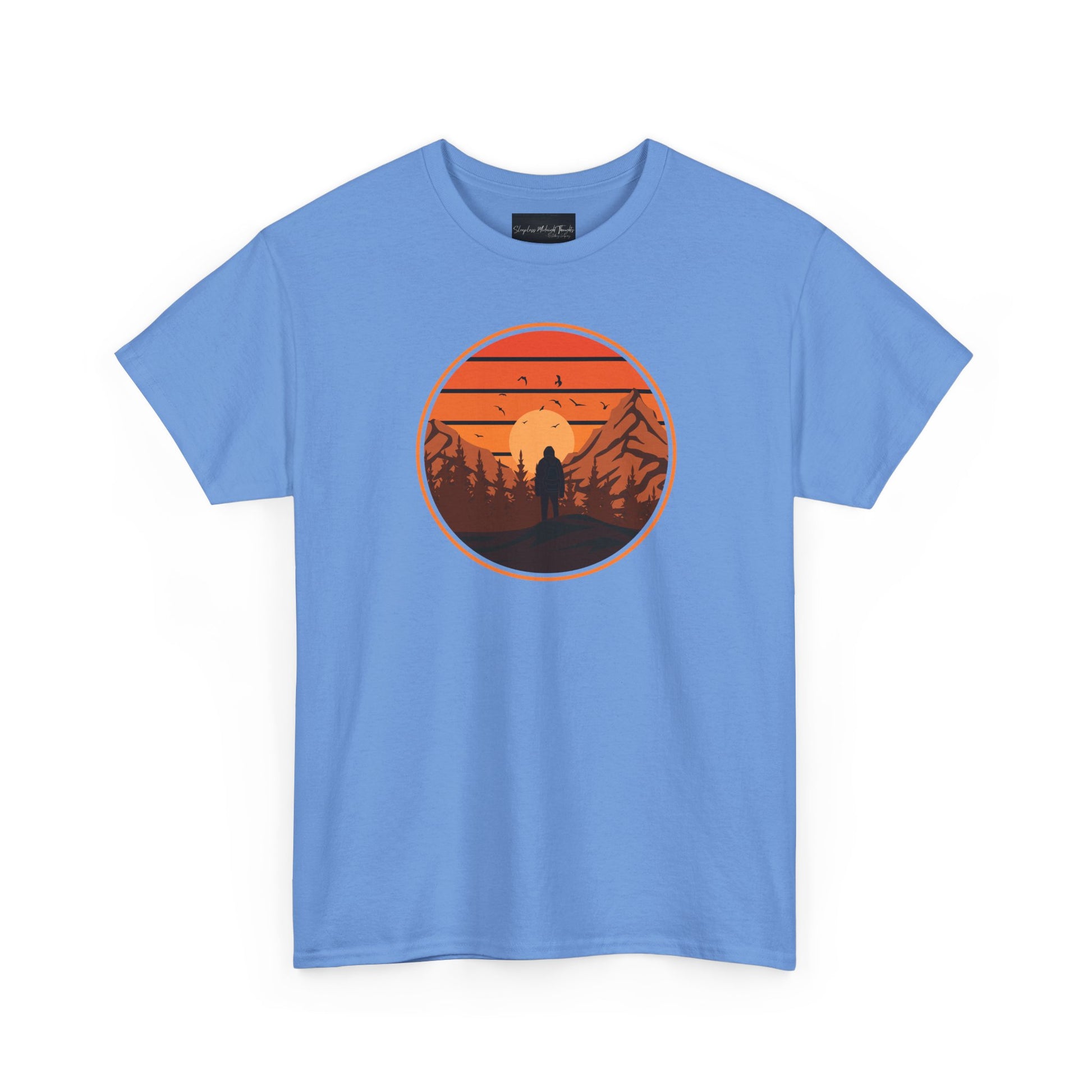 On the front of this custom tee is a large circle on the center of the chest that has an image of bigfoot right in the middle, there is a sun setting with mountain ranges and pine trees in the background.