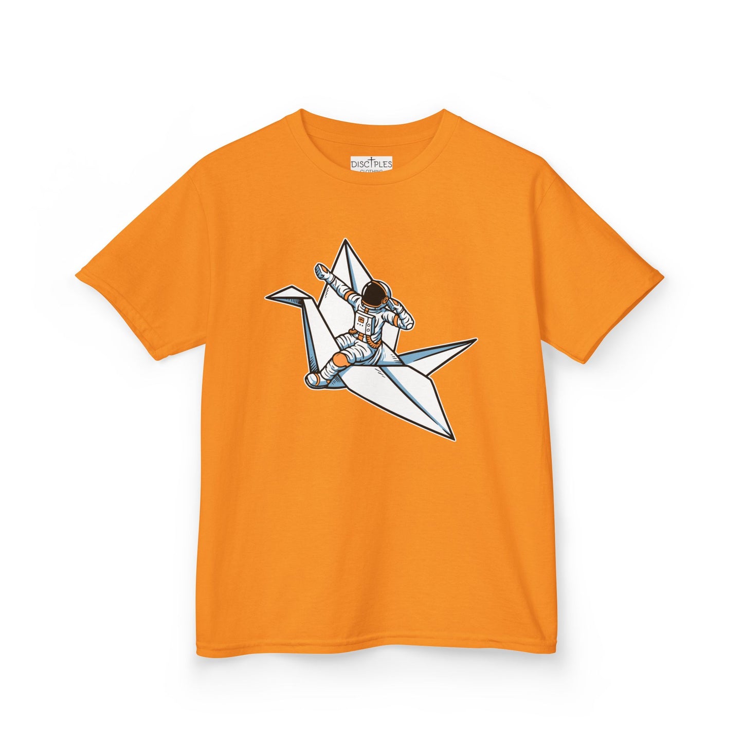 On the front of this custom kids t-shirt is an image of a astronaut flying on a paper plane.
