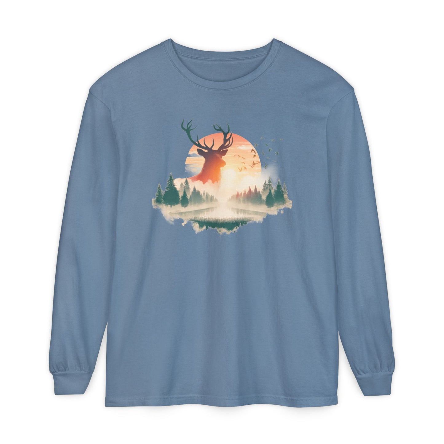 On the front of this custom unisex long sleeve shirt is beautiful landscape at dawn, there is a river in the middle with pine trees on either side, the sun is setting in the background with a large elk in the distance standing in front of the sun.