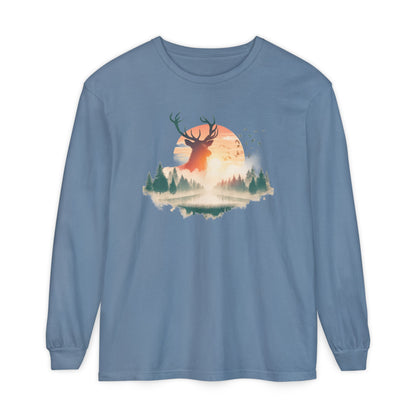 On the front of this custom unisex long sleeve shirt is beautiful landscape at dawn, there is a river in the middle with pine trees on either side, the sun is setting in the background with a large elk in the distance standing in front of the sun.