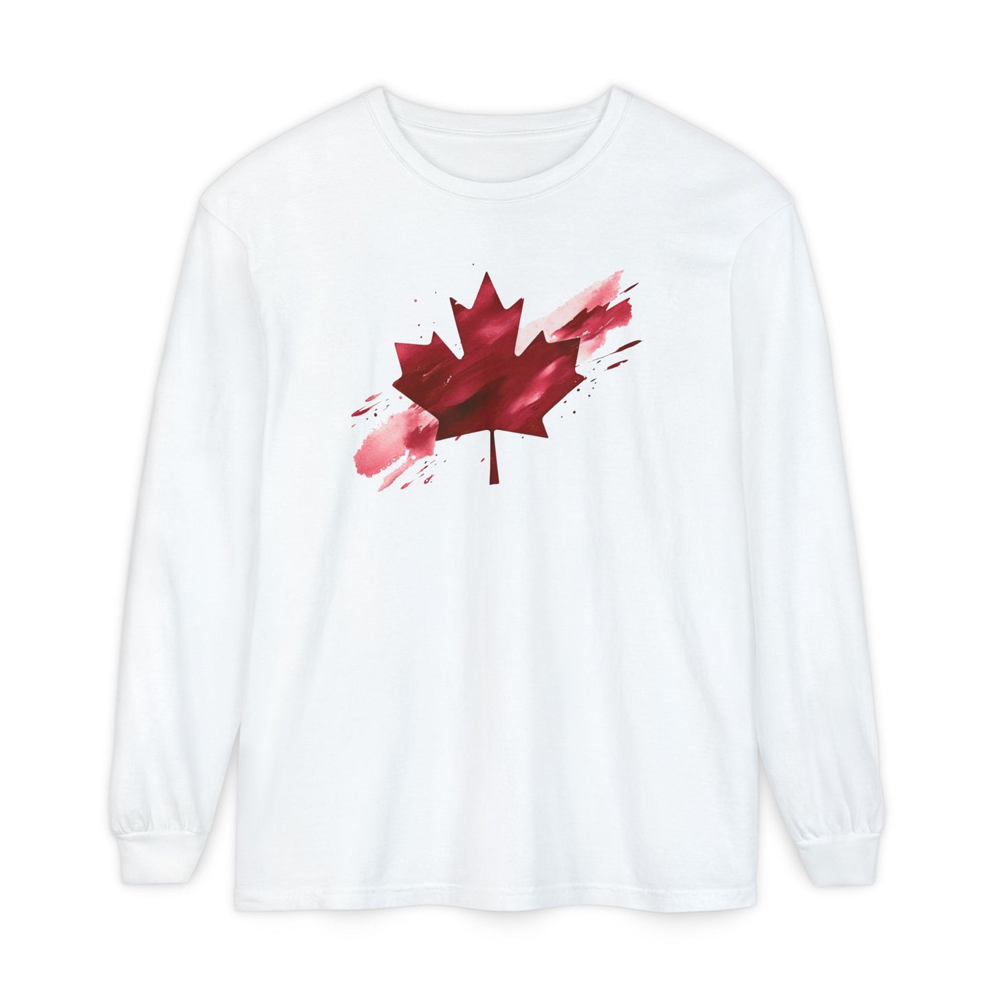 On the front of this unisex long sleeve shirt is an image of a Canadian maple leaf that is bright red, it looks like it has been spray painted onto the front of the shirt.
