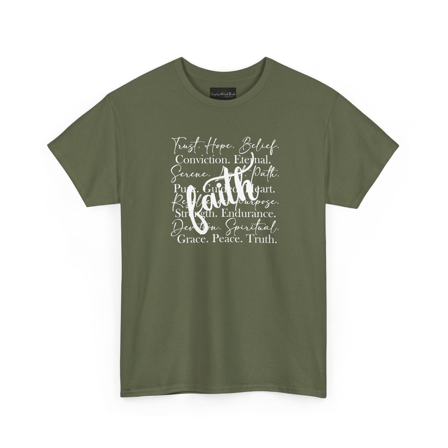 On the front of this custom Christian t-shirt are all the words that represent faith such as grace, conviction, endurance, purpose, trust, hope and many more, the word Faith is superimposed overtop.