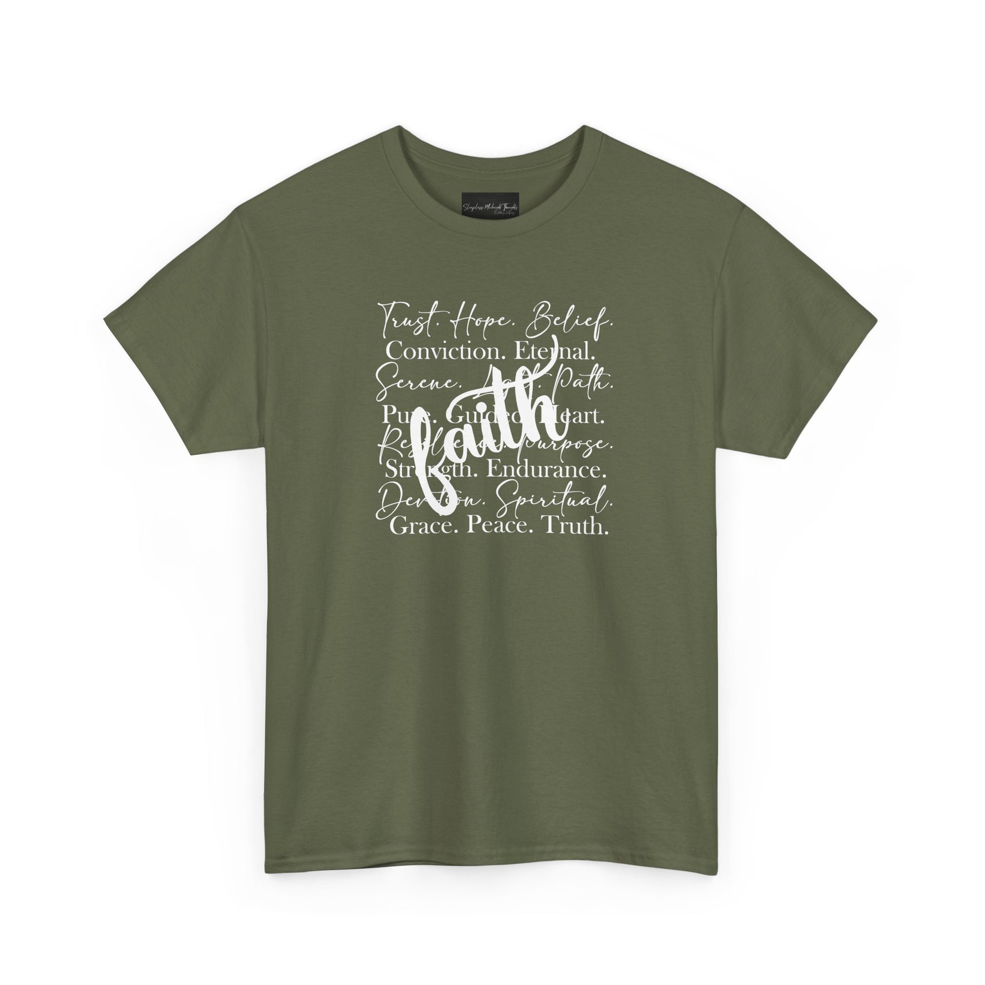 On the front of this custom Christian t-shirt are all the words that represent faith such as grace, conviction, endurance, purpose, trust, hope and many more, the word Faith is superimposed overtop.