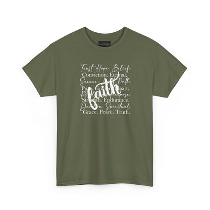 On the front of this custom Christian t-shirt are all the words that represent faith such as grace, conviction, endurance, purpose, trust, hope and many more, the word Faith is superimposed overtop.