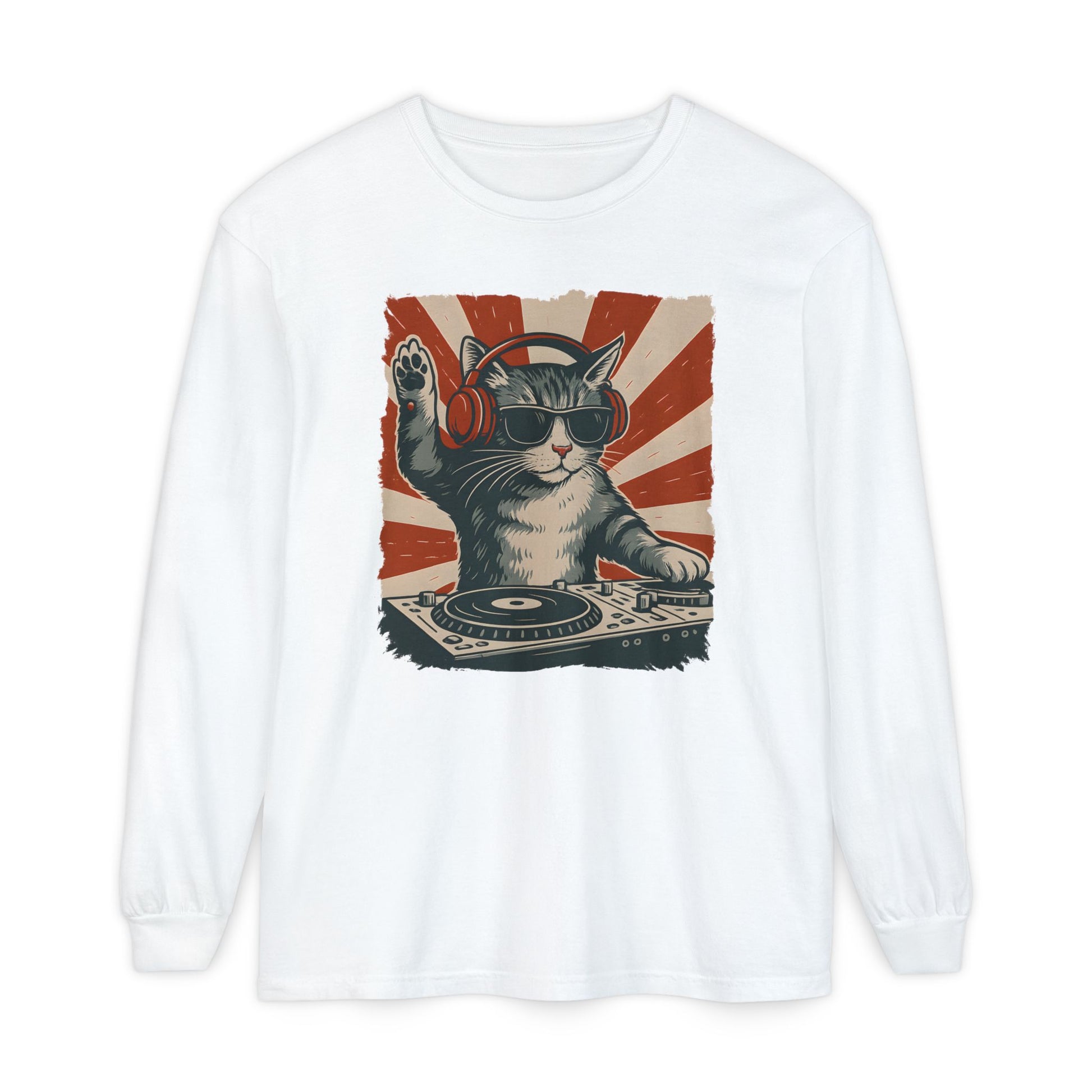 On the front of this custom retro long sleeve shirt is a DJ playing music, except the DJ is a cat that is wearing headphones, there is a vintage red and ivory background behind the cat.