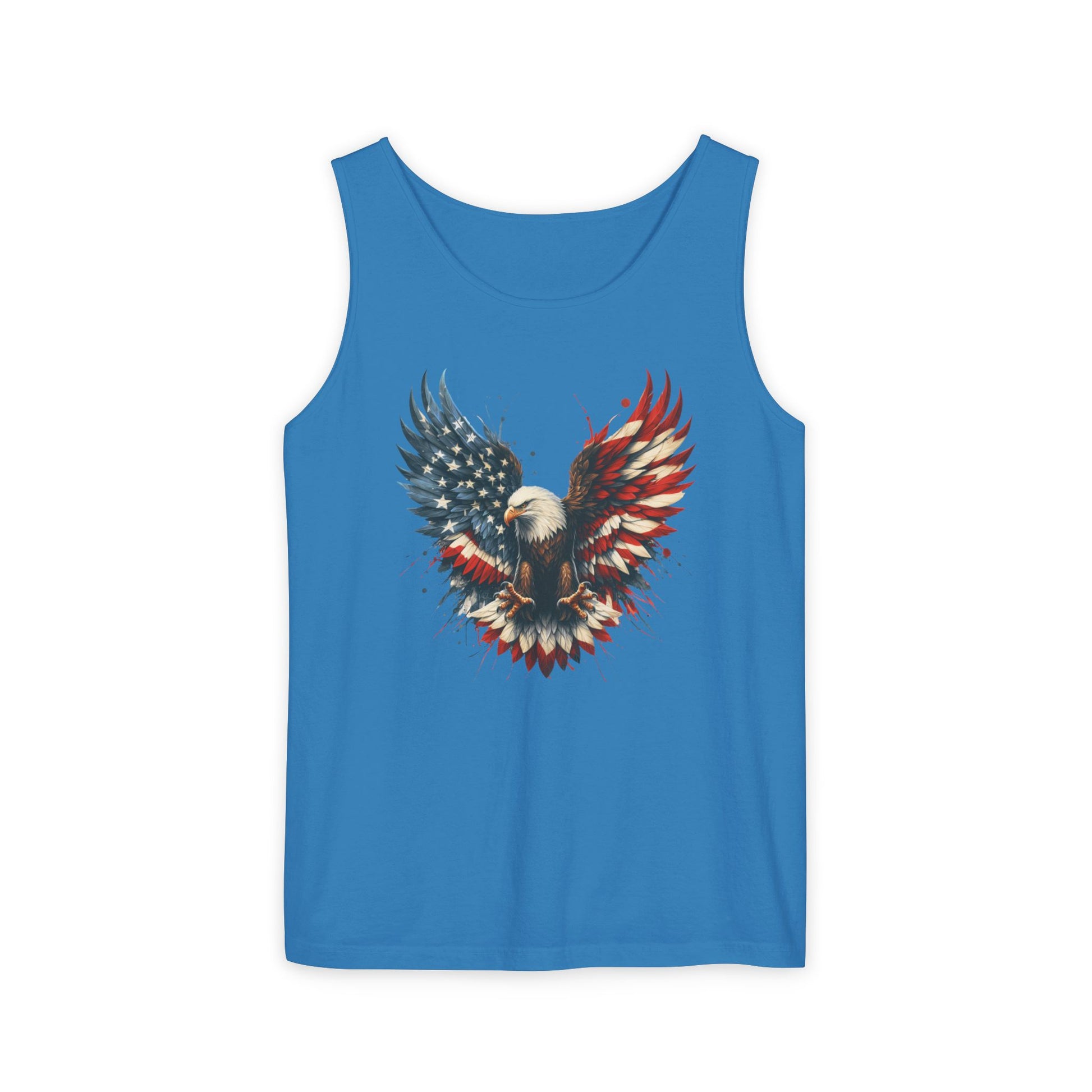 On the front of this unisex tank top is an image of an American Bald Eagle with it's wings out, the feathers of the bald eagle are the colors of the American flag being red, white and blue, there are also stars on one side of the eagle’s wings.