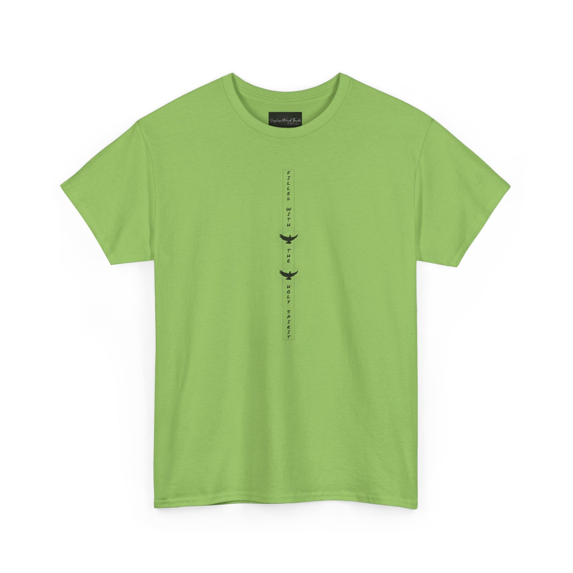 On the front of this custom unisex short sleeve shirt, starting from the neckline horizontally down are the words Filled with the Holy Spirit, there are two doves in-between the words.
