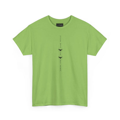 On the front of this custom unisex short sleeve shirt, starting from the neckline horizontally down are the words Filled with the Holy Spirit, there are two doves in-between the words.