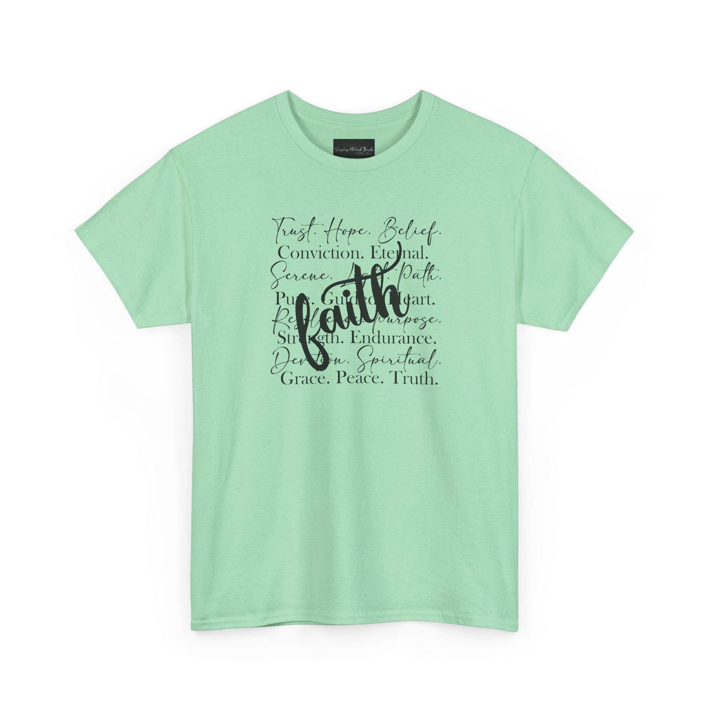 On the front of this custom Christian t-shirt are all the words that represent faith such as grace, conviction, endurance, purpose, trust, hope and many more, the word Faith is superimposed overtop.